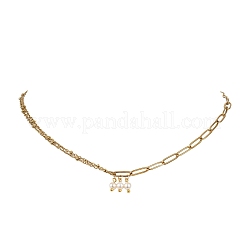 Collana da donna con ciondolo a forma di perla bianca rotonda in acciaio inossidabile 304 e catena mista.&nbsp;NJEW-JN06101