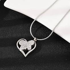 Collier avec pendentif en forme de cœur et papillon en acier inoxydable 304 micro pavé et zircone cubique transparente pour cendres d'animaux de compagnie&nbsp;LS-NJEW-S455-10P