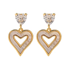 Pendientes colgantes con forma de corazón de latón y micro pavé de circonitas cúbicas transparentes&nbsp;KK-D363-12D-G