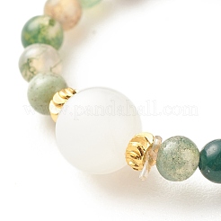 Anello elasticizzato con perline tonde in agata indiana naturale con pietra di luna&nbsp;RJEW-JR00440-05