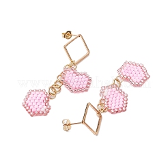 Boucles d'oreilles à tige en forme de cœur avec perles de verre faites à la main&nbsp;EJEW-MZ00279-03