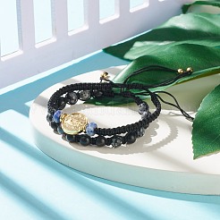 2pcs 2 Stil natürliche Schneeflocken-Obsidian & Blue Spot Jaspis geflochtene Perlenarmbänder Set mit Jungfrau Maria aus Messing&nbsp;BJEW-JB07947