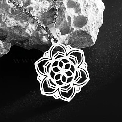 Colliers à pendentif fleur de vie creux en acier inoxydable 201 avec chaîne à maillons&nbsp;FS-WG66D92-01