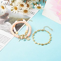 5 pièces 5 style fait à la main en argile polymère stretch & laiton perles & alliage lien chaîne bracelets ensemble&nbsp;BJEW-SZ0001-66A