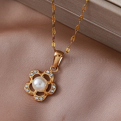 Collares vintage de acero inoxidable 304 con colgante de flor de vidrio y perla de imitación para mujer.&nbsp;BV5494