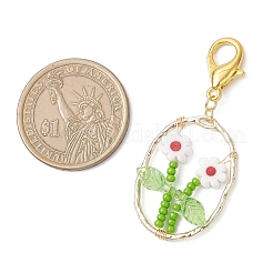 6 pezzo ovale con perline di vetro a forma di fiore e decorazioni pendenti in lega e lavorazione a lume&nbsp;HJEW-MZ00351