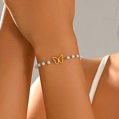 Pulseras de eslabones de mariposa de acero inoxidable 201 con perlas de imitación para mujer&nbsp;KC8382