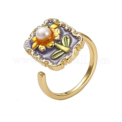 Bagues ouvertes en laiton émaillé à motif floral et perles d'eau douce naturelles pour femmes&nbsp;RJEW-G342-01G-01