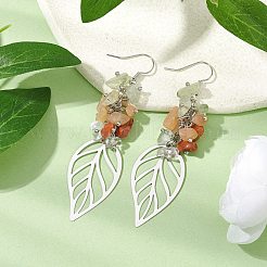 Foglia 201 acciaio inossidabile cristallo di quarzo naturale e prehnite naturale e corniola naturale e orecchini pendenti con chip di pietra del sole naturale&nbsp;EJEW-JE06138-03