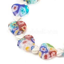 Bracciale elasticizzato fatto a mano a lume di millefiori e perline a cuore in lega&nbsp;BJEW-JB08042-03