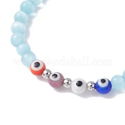 Bracelets extensibles en perles rondes faites à la main avec œil de chat et mauvais œil pour femmes&nbsp;BJEW-JB12289-01