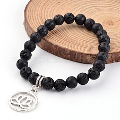 Tondo piatto con set di braccialetti con ciondoli di pietra lavica naturale di loto&nbsp;BJEW-JB02232-01
