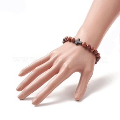 Pulsera elástica de cuentas de turquesa sintética y madera natural para hombres y mujeres&nbsp;BJEW-JB09291