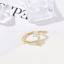 Gestellplattierung Kreuz & Herz Messing Micro Pave Zirkonia Manschettenringe für Damen&nbsp;RJEW-M028-63G