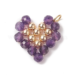 Pendenti avvolti in filo di rame ametista naturale, charms cuore, con perle di ottone dorate, 22.5x22x4.5mm, Foro: 3.6 mm