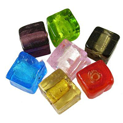 Handmade Silver Foil Glass Beads, Cube, Mixed Color, about 8mm wide, 8mm long, 8mm thick, hole: 1.5mm