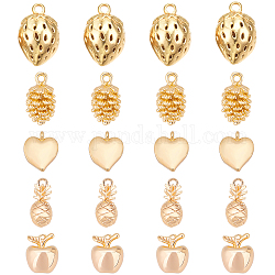 BENECREAT 20Pcs 5 Style Brass Charms, Nickel Free, with Loops, Apple & Strawberry & Heart & Conifer Cone & Pineapple, Real 18K Gold Plated, 10x8x7.5mm, Hole: 0.8mm