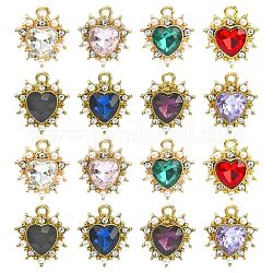 40 pièces pendentifs en alliage de 8 couleurs avec strass, avec des perles en plastique imitation perles, cœur, or clair, couleur mixte, 17x15x5mm, Trou: 1.4mm, 5 pcs / couleur