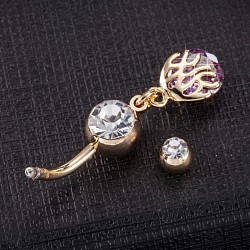 Bijoux piercing, anneau de nombril en laiton avec zircone cubique, anneaux de ventre, avec 304 barre en acier inoxydable, sans cadmium et sans plomb, véritable 18k plaqué or, violet, 38x8mm, longueur de la barre : 3/8