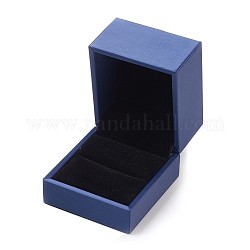 Boîtes à bagues en bois recouvertes de similicuir recouverts de cuir, rectangle, bleu foncé, 6.5x6x5.4 cm