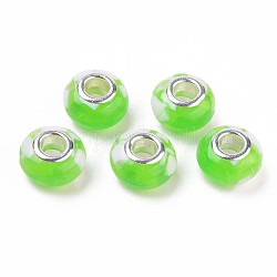 Resin European Beads, Large Hole Beads, with Platinum Plated Tone Brass Double Cores and Shell, Rondelle, Lawn Green, 13.5x8mm, Hole: 5mm