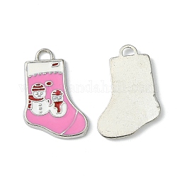 Alloy Enamel Pendants, Christmas Stockings Charms for Holiday Jewelry Making, Lead Free and Cadmium Free, Platinum Metal Color, Hot Pink, 24~26x15~16x2mm, Hole: 2mm
