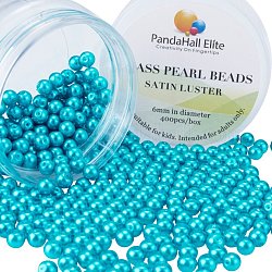 Pandahall elite 6 mm alrededor de 400 piezas cuentas de perlas de vidrio azul cielo profundo pequeño brillo de satén cuentas redondas sueltas en una caja para hacer joyas, cielo azul profundo, 6mm, agujero: 0.7~1.1 mm, aproximamente 400 unidades / caja