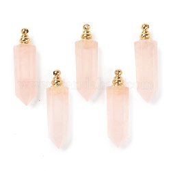 Faceted Natural Rose Quartz Pendants, Openable Perfume Bottle, with Golden Tone Brass Findings, Bullet, 46~47x13~14x11~12mm, Hole: 4.5mm, capacity: 1ml(0.03 fl. oz)