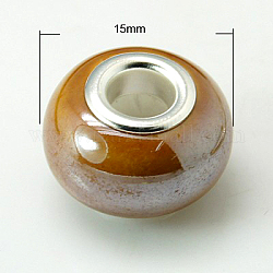 Perline europeo porcellana fatto a mano, con colore argento due nuclei in ottone, rondelle, cioccolato, 15x10~11mm, Foro: 5 mm