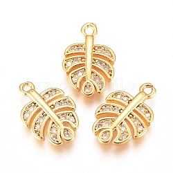 Brass Micro Pave Cubic Zirconia Charms, Tropical Leaf Charms, Monstera Leaf, Clear, Golden, 14x9x2mm, Hole: 1mm
