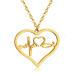 SHEGRACE Stainless Steel Pendant Necklaces, with Lobster Claw Clasps and Cable Chains, Heart with Heartbeat, Real 18K Gold Plated, 17.7 inch(45cm), Pendant: 40x33mm