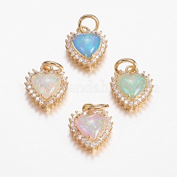 Brass Micro Pave Cubic Zirconia Charms, with Synthetic Opal, Heart, Golden, Mixed Color, 14x11.5x5mm, Hole: 4mm