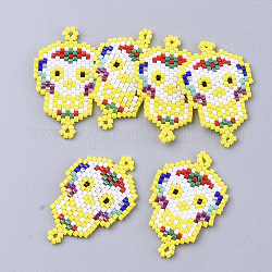 Handmade Japanese Seed Beads Links, with Nylon Wire, Loom Pattern, Sugar Skull, For Mexico Holiday Day of the Dead, Yellow, 33x22x1.8mm, Hole: 1~1.6mm
