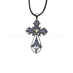 Cross Zinc Alloy Pendant Necklace, with Rhinestone, Capri Blue, 19.69 inch(50cm)