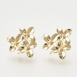 Brass Stud Earring Findings, with Loop, Flower, Nickel Free, Real 18K Gold Plated, 14.5x15mm, Hole: 1mm, Pin: 0.8mm