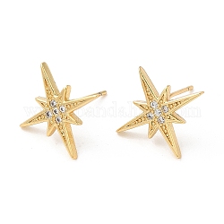Rack Plating Brass Star Stud Earrings with Cubic Zirconia, Lead Free & Cadmium Free, Real 18K Gold Plated, 16x16mm