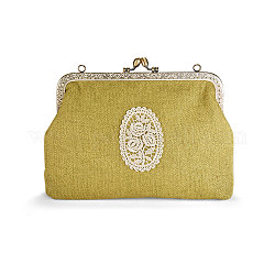SHEGRACE Cotton and Linen Women Evening Bag, with Embroidered Lace Rose Flowers, Alloy Flower Purse Frame Handle, Alloy Twisted Curb Chain, Light Khaki, 180x220x60mm