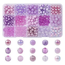 375pcs 15 styles de perles acryliques, ronde, violette, 7.5~8mm, Trou: 1.5~2mm, 25 pièces / style