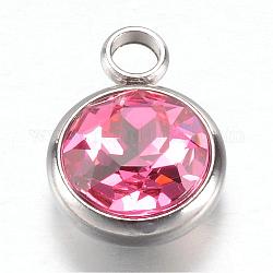 304 Stainless Steel Glass Rhinestone Charms, October Birthstone Charms, Faceted, Flat Round, Pearl Pink, 14x10x7mm, Hole: 2.5mm