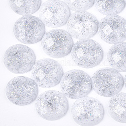 Cabuchones de resina, con polvo y papel de brillo, facetados, cúpula / medio redondo, plata, 17.5~18x5.5~6mm