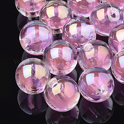 Abalorios de acrílico transparentes, UV plating y arco iris, talón en grano, abalorios de media perforados, redondo, rosa perla, 15.5x15mm, medio agujero: 3.5 mm