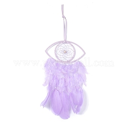 Handmade Eye Woven Net/Web with Feather Wall Hanging Decoration, with Plastic & Wooden Beads, for Home Offices Amulet Ornament, Orchid, 525mm