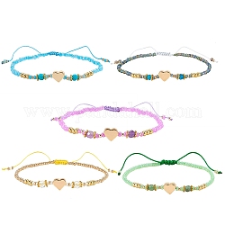 5pcs 5 couleurs bracelets de perles tressées en nylon réglable, avec des perles en verre de graine, Perles de coeur en laiton, séparateurs perles en alliage, perles de pierres précieuses naturelles et perles de sac en velours, couleur mixte, diamètre intérieur: 2-1/8~3-7/8 pouce (5.5~9.8 cm), 1 pc / couleur