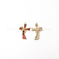 Pendentifs d'émail en alliage, croix avec le crâne, religion, rouge, or clair, 37x23x3.5mm, Trou: 1.5mm