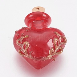Lampwork handmade pendenti bottiglia di profumo, bottiglia di olio essenziale, con sabbia di oro, cuore, rosso, 25~27x23x12 mm, capacità della bottiglia: 0.5~1 ml (0.017~0.03 fl. oz)