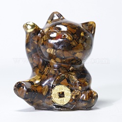 Chip di occhio di tigre naturale e decorazioni per esposizione artigianali in resina, statuetta di gatto fortunato, per l'ornamento feng shui domestico, 63x55x45mm