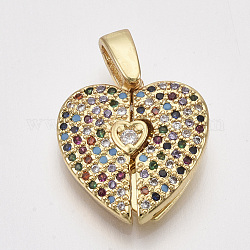 Brass Micro Pave Cubic Zirconia Pendants, Heart, Colorful, Golden, 16x15.5x4mm, Hole: 4x3mm
