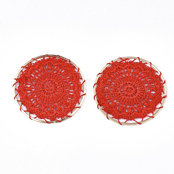 Décorations de pendentif tissées de polyester, avec les accessoires en fer, plat rond, or clair, rouge, 46x1.5mm