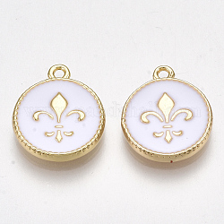Brass Charms, with Enamel, Flat Round with  Fleur De Lis, Creamy White, Nickel Free, Real 18K Gold Plated, 14x12x2mm, Hole: 1.2mm