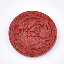 Zinnober-Perlen, geschnitzte Lack, flache Runde mit Blume und Vogel, rot, 51.5x10 mm, Bohrung: 2 mm